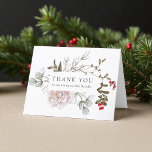 80th Birthday Winter Floral Thank You Card<br><div class="desc">After a lovely memorable 80th birthday celebration, you'll want to thank your guest for attending and honouring you. This beautiful thank you card does just that, with its lovely winter floral theme of pink roses and evergreens with red berries. The card is blank on the inside for you to write...</div>