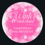 80th Birthday Winter Wonderland Snowflake Favour Classic Round Sticker<br><div class="desc">Elegant winter wonderland 80th birthday invitation features beautiful calligraphy surrounded by a lush snowflake and snow border. The snowflakes pop against the pretty pink background. You can actually change the background colour to any colour. Winter Wonderland can't be changed, but all of the remaining text can be edited. This item...</div>