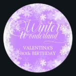80th Birthday Winter Wonderland Snowflake Favour Classic Round Sticker<br><div class="desc">Elegant winter wonderland 80th birthday invitation features beautiful calligraphy surrounded by a lush snowflake and snow border. The snowflakes pop against the pretty soft purple background. You can actually change the background colour to any colour. Winter Wonderland can't be changed, but all of the remaining text can be edited. This...</div>