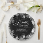 80th Birthday Winter Wonderland Snowflake Favour Paper Plate<br><div class="desc">Elegant winter wonderland 80th birthday paper plates feature beautiful calligraphy surrounded by a lush snowflake and snow border. The snowflakes pop against the dark black background. You can actually change the background colour to any colour. Winter Wonderland can't be changed, but all of the remaining text can be edited. This...</div>