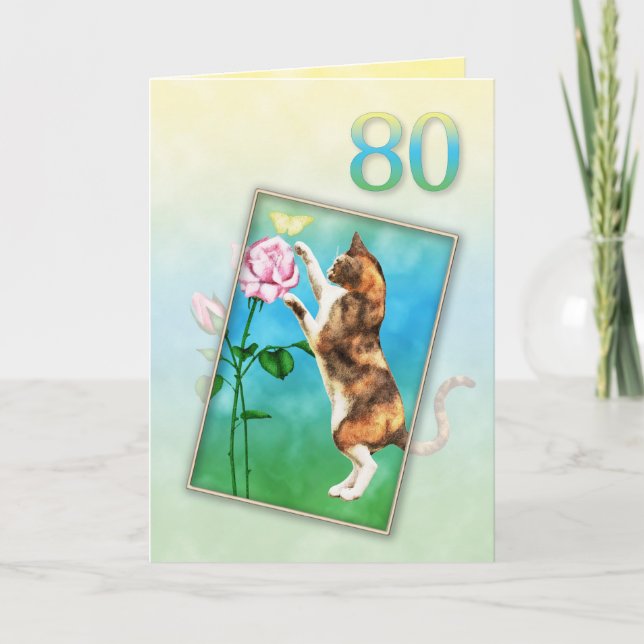 80th Birthday with a playful cat Card (Front)