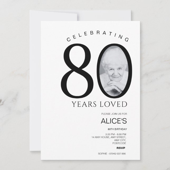 80th Birthday with Photo in Number, Black & White Invitation (Front)