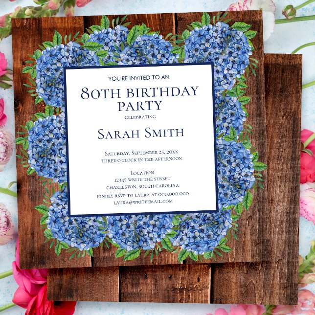 80th Birthday Wood Blue Hydrangeas Rustic Party Invitation (Creator Uploaded)