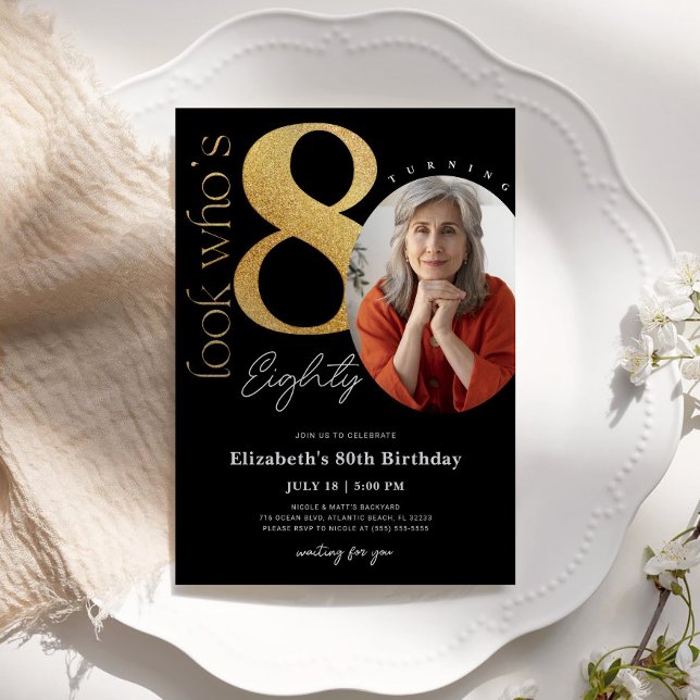 80th Black Gold Birthday Invitation with Photo (Creator Uploaded)