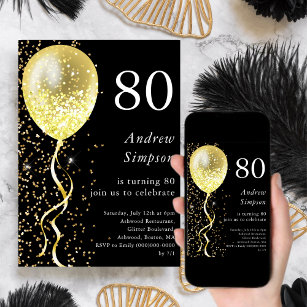 80th   Black & Gold Glitter Balloon Birthday  Invitation