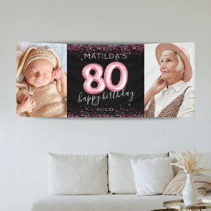 80th Black Pink Happy Birthday Photo Banner