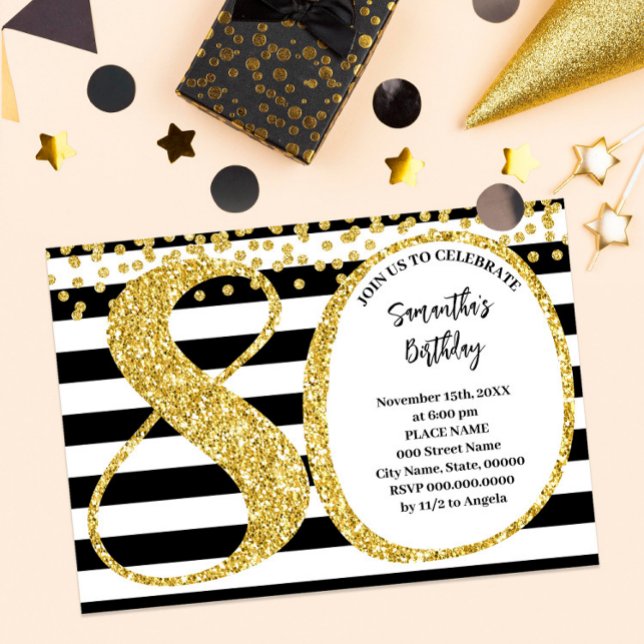 80th Black White and Gold Glitter Modern Birthday Invitation (Creator Uploaded)