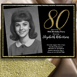80th Custom Photo Black and Gold  Invitation