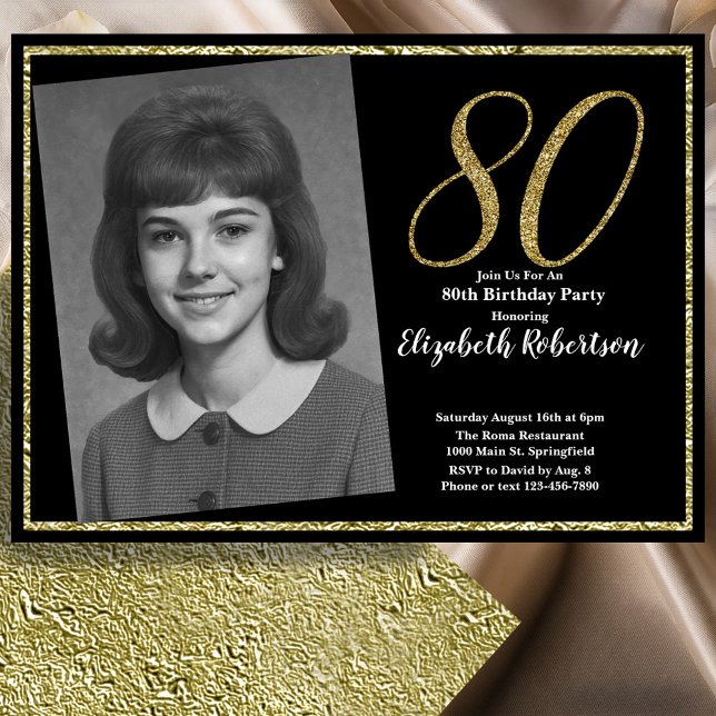 80th Custom Photo Black and Gold  Invitation (Creator Uploaded)