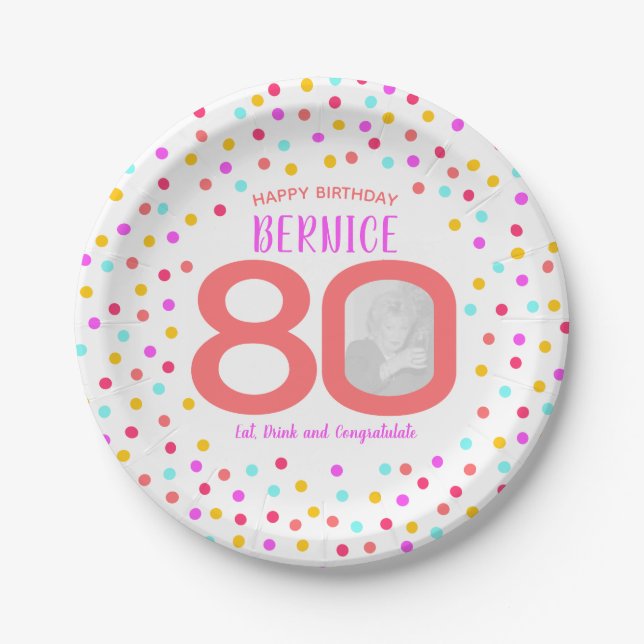 80th custom photo colourful coral confetti birthda paper plate (Front)