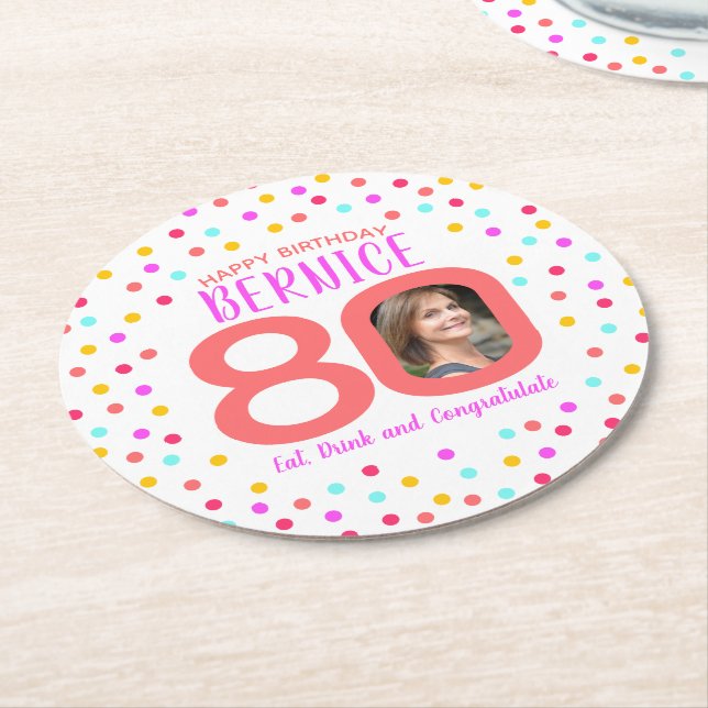 80th custom photo colourful coral confetti birthda round paper coaster (Angled)