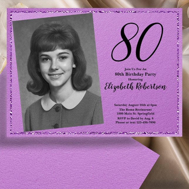 80th Custom Photo Purple and Black Invitation (Creator Uploaded)