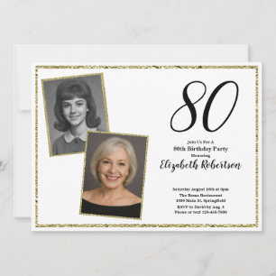 80th Custom Photo White and Gold Invitation