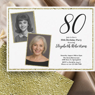80th Custom Photo White and Gold Invitation