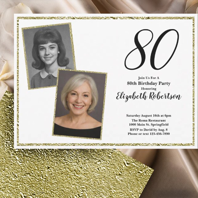 80th Custom Photo White and Gold  Invitation (Creator Uploaded)