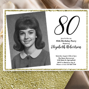 80th Custom Photo White and Gold Invitation