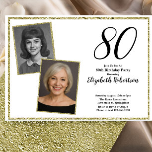 80th Custom Photo White and Gold Invitation