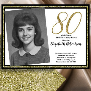 80th Custom Photo White Black and Gold Invitation