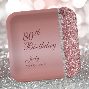 80th Elegant Rose Gold Birthday Paper Plate