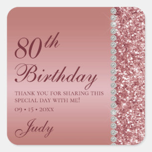 80th Elegant Rose Gold Birthday Square Sticker
