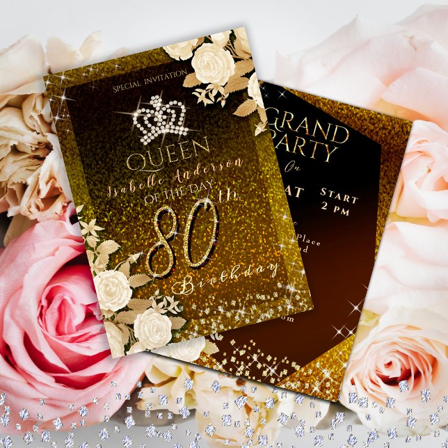 80th Glittering Crown Gold Birthday  Invitation (Elegant crown birthday Invitation card for your mom or grandmother for her special 80th birthday.)