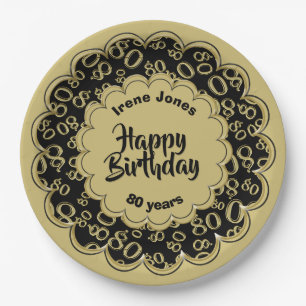 80th Gold/Black Random Number Pattern Paper Plate