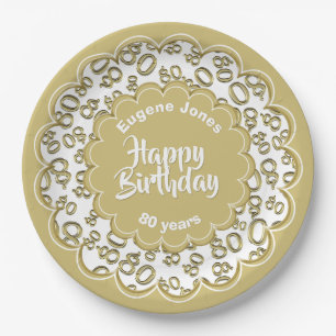 80th Gold/White Random Number Pattern Paper Plate