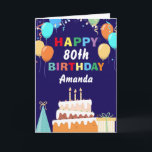 80th Happy Birthday Balloons Cake Navy Blue Card<br><div class="desc">80th Happy Birthday Colourful Balloons Cake Navy Blue with personalised name. For further customisation,  please click the "Customise it" button and use our design tool to modify this template.</div>