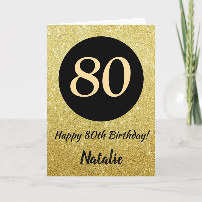 80th Happy Birthday Black and Gold Glitter Card (Front)