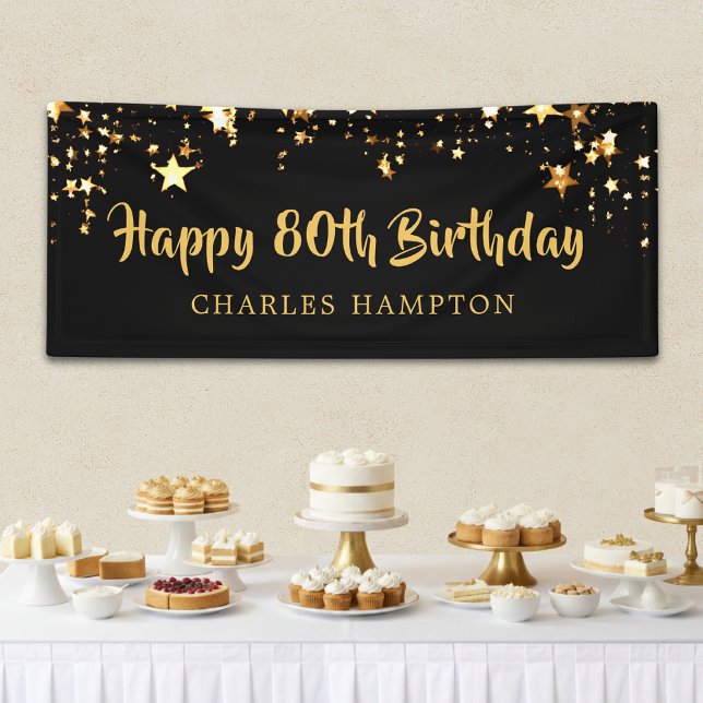 80th Happy Birthday Black Gold Stars or Your Text Banner (Creator Uploaded)