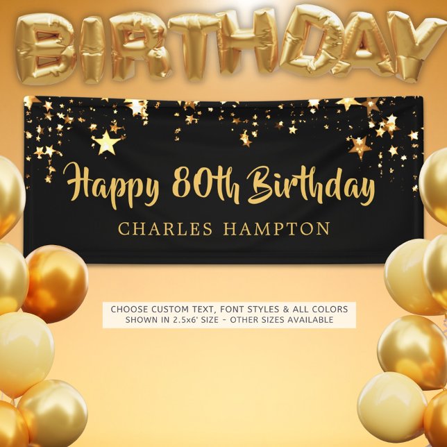 80th Happy Birthday Black Gold Stars or Your Text Banner (Creator Uploaded)