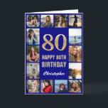 80th Happy Birthday Navy Blue & Gold Photo Collage Card<br><div class="desc">80th Happy Birthday Navy Blue and Gold Photo Collage Birthday Card. For further customisation,  please click the "Customise it" button and use our design tool to modify this template.</div>