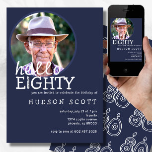 80th Mens Birthday Party Photo Eighty Navy Blue Invitation