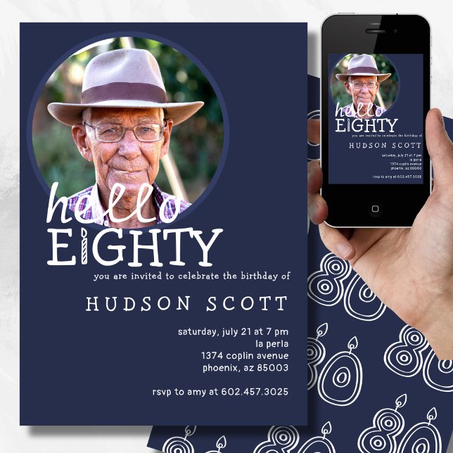  80th Mens Birthday Party Photo Eighty Navy Blue Invitation (Creator Uploaded)