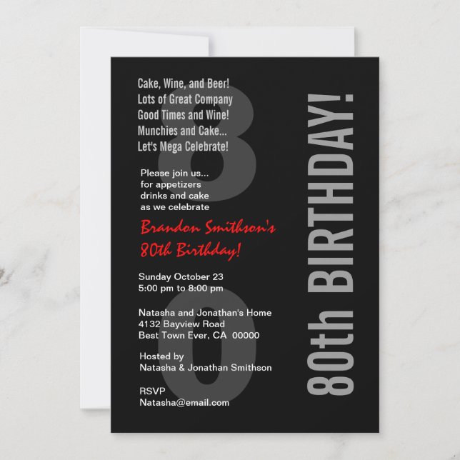 80th Modern Birthday Black White Red Template (Front)