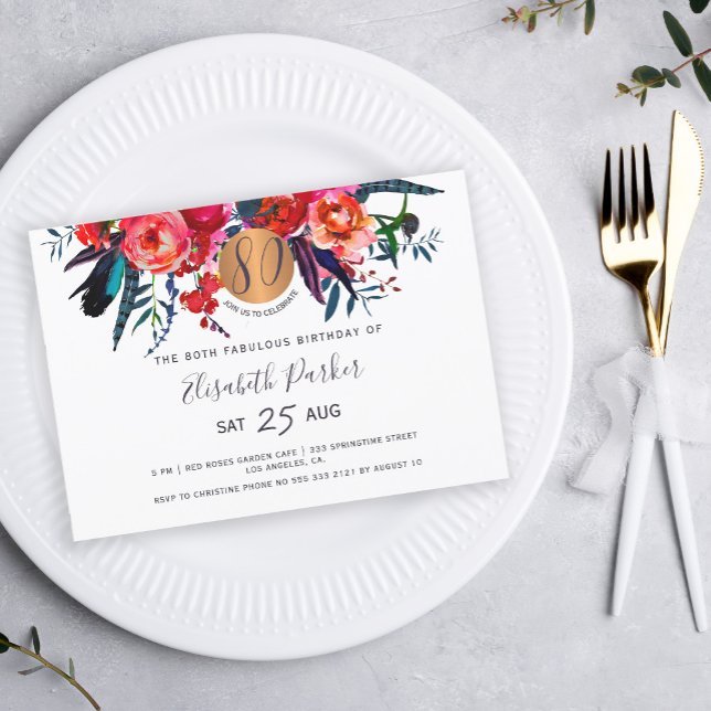 80th Modern boho floral watercolor birthday party Invitation (Creator Uploaded)