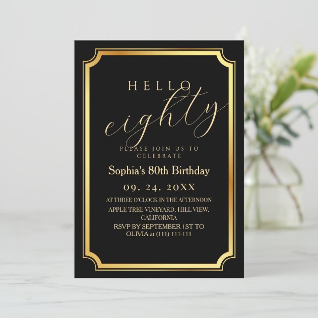 80th Modern & Minimal Black Birthday Party Invitation (Standing Front)