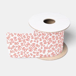 80th Modern Random Number Pattern Coral/White Satin Ribbon