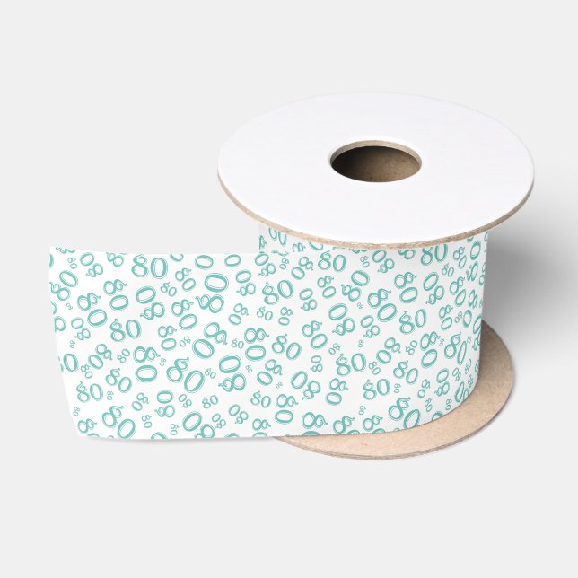 80th Modern Random Number Pattern Teal/White Satin Ribbon (Spool)