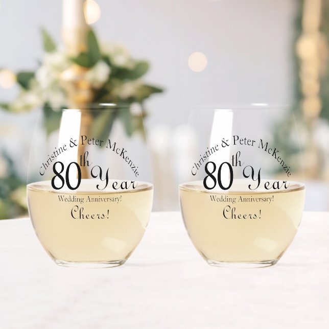 80th Oak-Wedding Anniversary Signature Script Stemless Wine Glass (Insitu (Wedding))