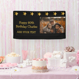 80th or Any Birthday Photo Gold Stars Custom Banner