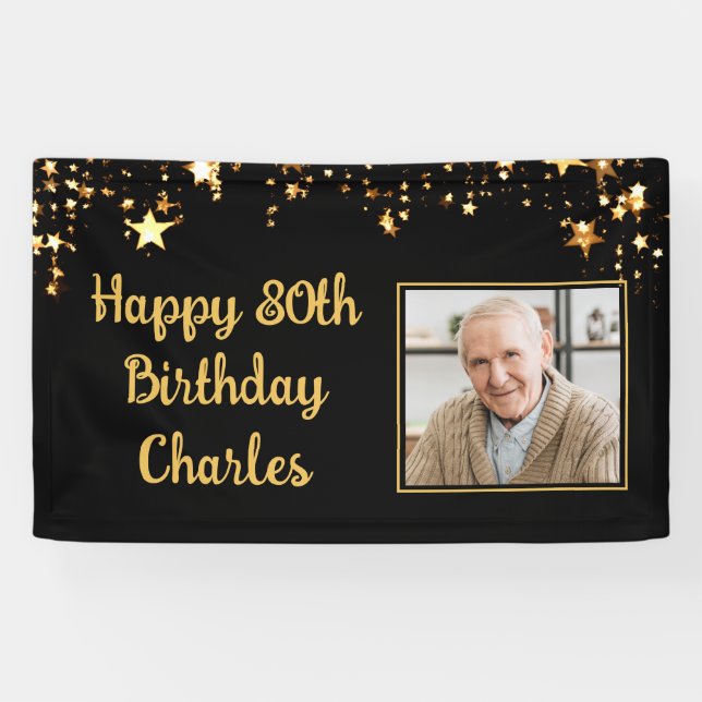 80th or Any Birthday Photo Gold Stars Custom Colou Banner (Horizontal)