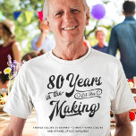 80th or Any Birthday Retro Years in the Making T-Shirt<br><div class="desc">Retro 80th (or any age) t-shirt or choice of apparel featuring a retro calligraphy script typography title 80 YEARS IN THE MAKING personalised with their birth year within the design--all in your choice of colours to show on your choice of clothing style or colour. ASSISTANCE: For help with design modification...</div>