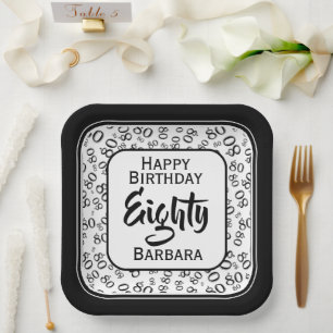 80th Party Random Number Pattern Black/White Paper Plate