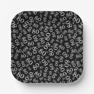 80th Party Random Number Pattern Black/White Paper Plate
