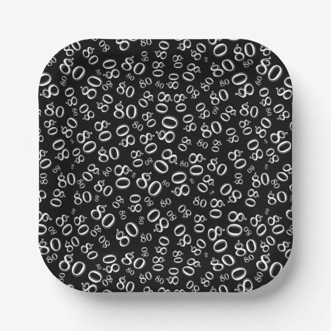 80th Party Random Number Pattern Black/White Paper Plate (Front)