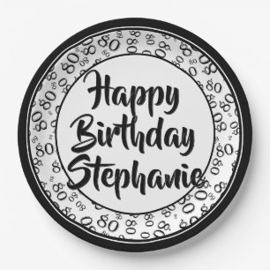 80th Party Random Number Pattern Black/White Paper Plate