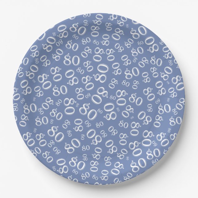 80th Party Random Number Pattern Blue/White Paper Plate (Front)