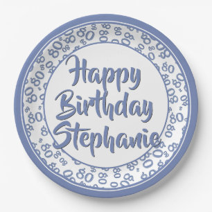 80th Party Random Number Pattern Blue/White Paper Plate