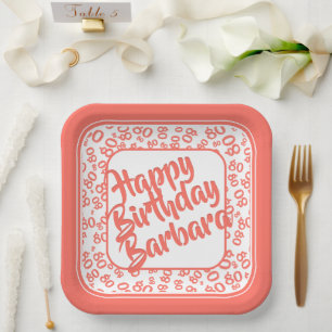 80th Party Random Number Pattern Coral/White Paper Plate